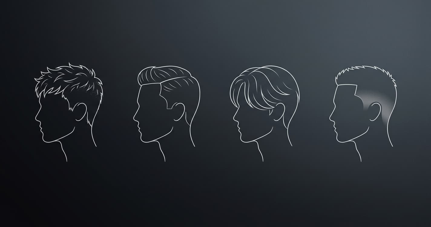 Four abstract hairstyle silhouettes — textured crop, side-part, curtain bangs, and tapered fade — rendered as line-art profiles on a dark gradient background.