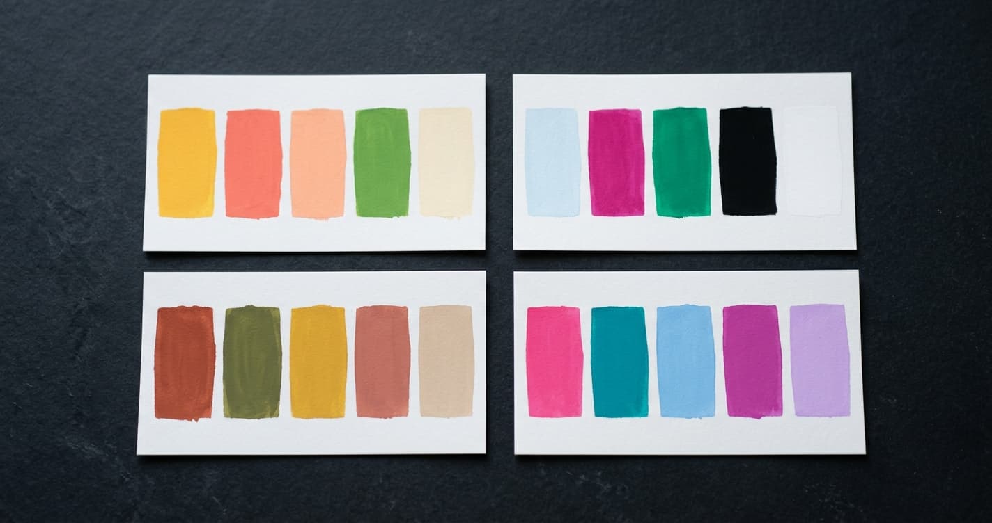 Four color season palette cards arranged in a 2x2 grid on a dark surface — each card shows a row of swatches representing one of the 12 color seasons.