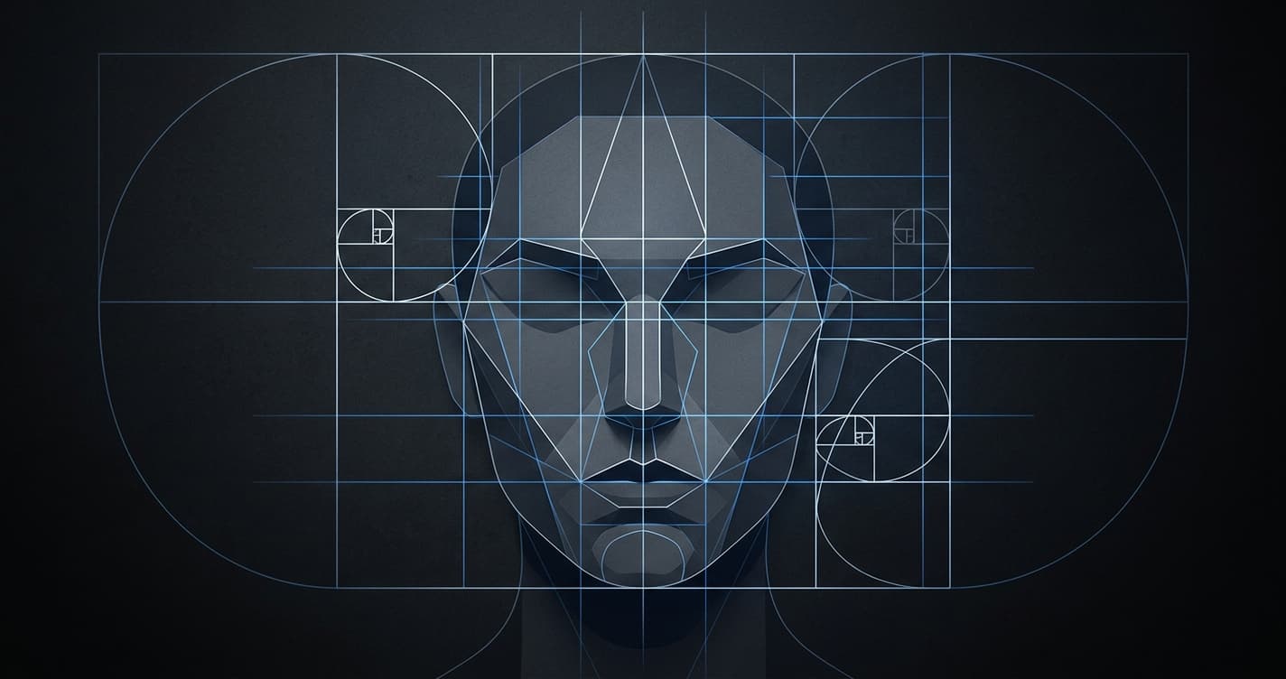 Geometric overlays of facial proportions — golden ratio rectangles, rule-of-thirds lines, and a vertical symmetry axis — superimposed on an abstract minimalist face silhouette.