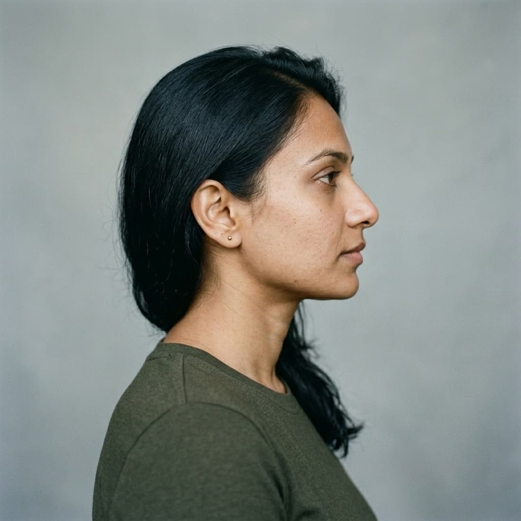 Aisha Patel (AI-generated example portrait): Side